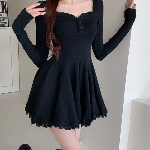 Load image into Gallery viewer, Vintage Black Lace Sexy Club Party Pleated Dress For Women 2023 Gray V Neck Long Sleeve Botton Wrapped Hip Mini Dress New Autumn
