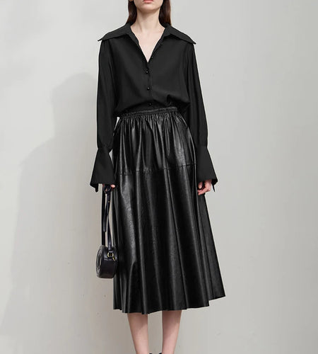 Minimalist Woman Black Midi Skirt 2025 Autumn Vintage Loose Luxury Party PU Leather Skirts Casual A Line Skirts 12543028