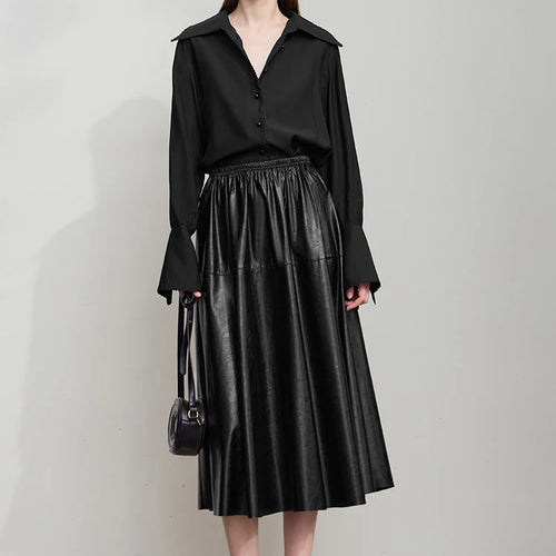 Minimalist Woman Black Midi Skirt 2025 Autumn Vintage Loose Luxury Party PU Leather Skirts Casual A Line Skirts 12543028