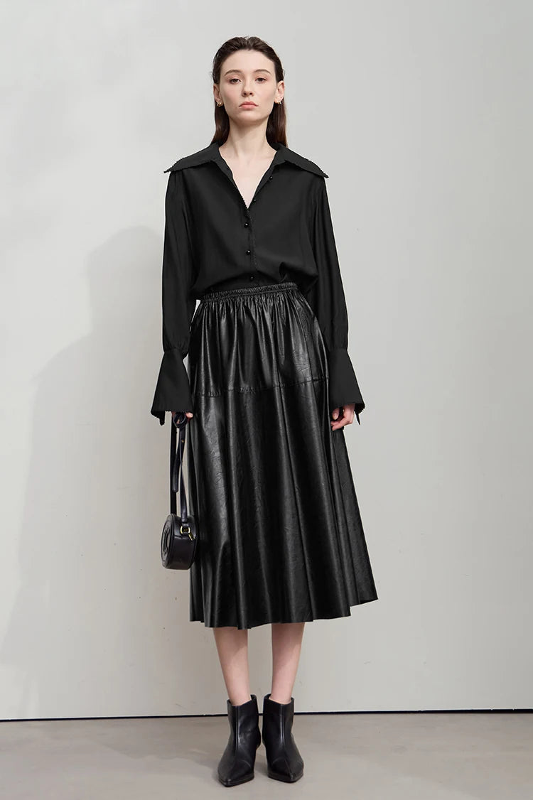 Minimalist Woman Black Midi Skirt 2025 Autumn Vintage Loose Luxury Party PU Leather Skirts Casual A Line Skirts 12543028