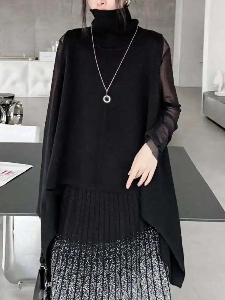 Black Irregular Big Size Knitting Sweater Turtleneck Sleeveless Women Pullovers New Fashion Spring Autumn 2025 1DH6998