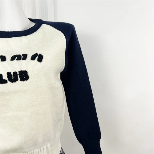 Load image into Gallery viewer, Autumn Winter Elegant Black White Colorblock Letter Embroidery Sweater Women Round Neck Long Sleeves Knit Pullover Top Versatile
