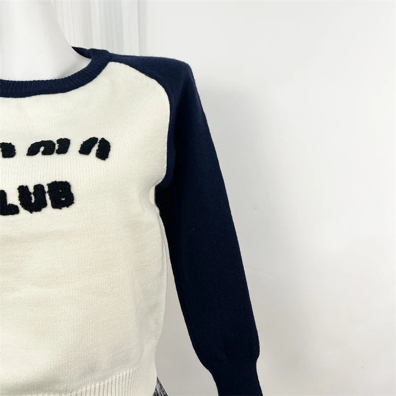 Autumn Winter Elegant Black White Colorblock Letter Embroidery Sweater Women Round Neck Long Sleeves Knit Pullover Top Versatile