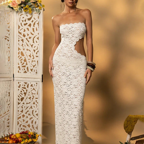 Load image into Gallery viewer, Off-shoulder Backless Sexy Maxi Dress Women Lace Strapless Sleeveless Hollow Out Skinny Club Party Long Dress Elegant
