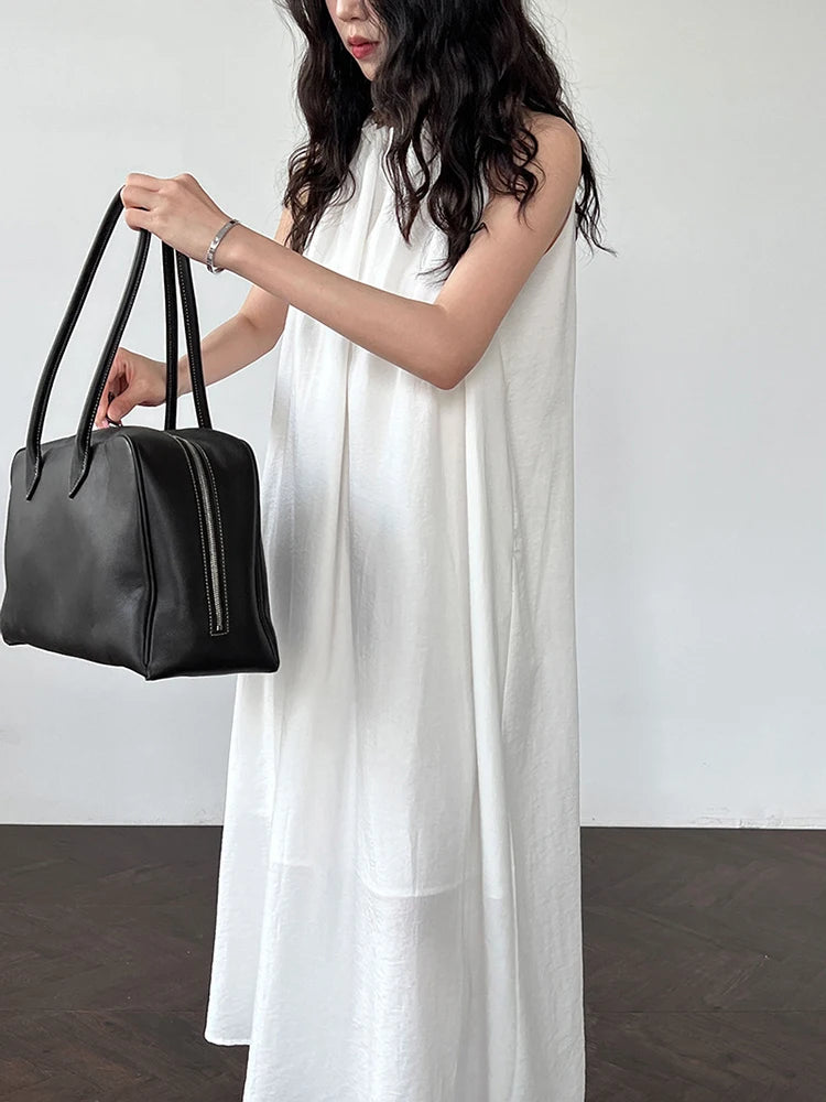 Women White Blue Knot Elegant Big Size Long Vest Dress New Halter Sleeveless Fashion Tide Spring Summer 2025 1DJ1282