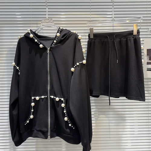 Load image into Gallery viewer, Casual Two Piece Sets For Women Hooded Long Sleeve Sweatshirt High Waist Mini Skirt Patchwork Pearls Sets Female
