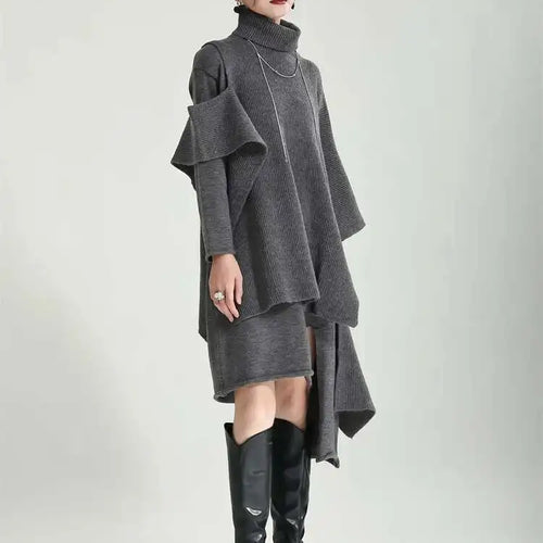 Load image into Gallery viewer, Women Gray Irregular Design Knitting Dress New Turtleneck Long Sleeve Loose Fit Fashion Tide Spring Autumn 2025 1DF2618
