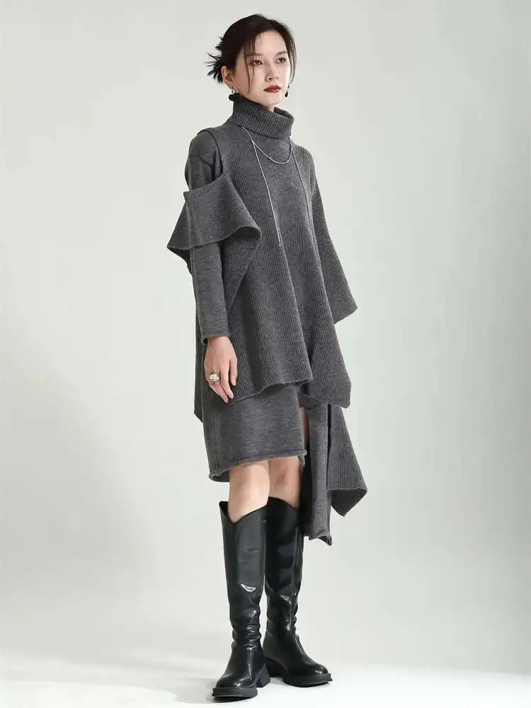 Women Gray Irregular Design Knitting Dress New Turtleneck Long Sleeve Loose Fit Fashion Tide Spring Autumn 2025 1DF2618