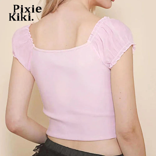 Load image into Gallery viewer, Mesh Bubble Sleeve Hollow Bow Shirts &amp; Blouses Cute Pink Crop Tops Girly Y2k Summer Clothes Women 2024 P67-BE10
