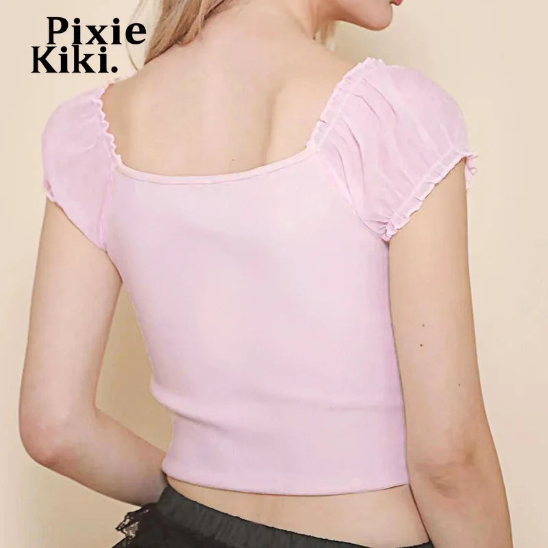 Mesh Bubble Sleeve Hollow Bow Shirts & Blouses Cute Pink Crop Tops Girly Y2k Summer Clothes Women 2024 P67-BE10