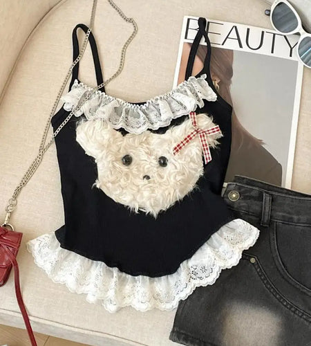 French Fashion Women Puppy Patchwork Lace Sleeveless Short Slip Top Summer Round Neck Backless Versatile Spaghetti Strap Tops