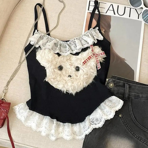 Load image into Gallery viewer, French Fashion Women Puppy Patchwork Lace Sleeveless Short Slip Top Summer Round Neck Backless Versatile Spaghetti Strap Tops
