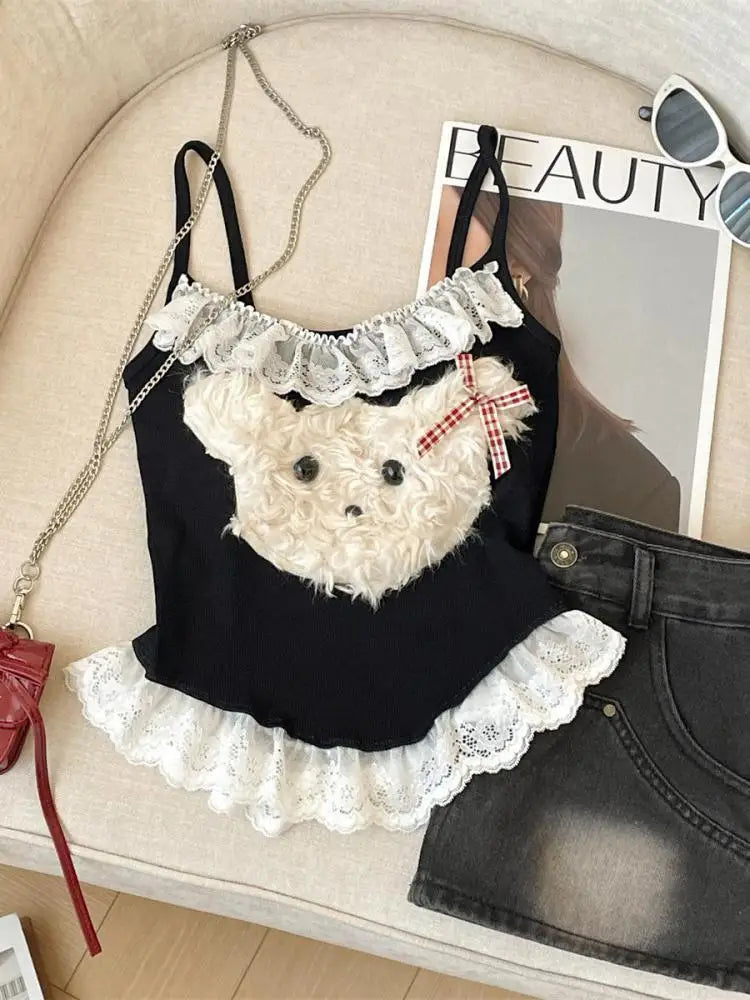 French Fashion Women Puppy Patchwork Lace Sleeveless Short Slip Top Summer Round Neck Backless Versatile Spaghetti Strap Tops