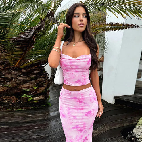 Load image into Gallery viewer, Strapless Print Sexy Two Piece Sets Women Spaghetti Strap Crop Tops And Maxi Skirt Female Elegant Printed 2 Piece Sets
