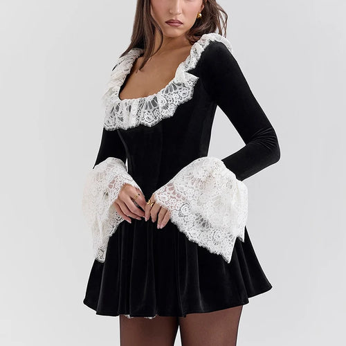 Load image into Gallery viewer, Lace Flare Long Sleeve Sexy Mini Dress Women Black Fashion Square Collar High Waist Pleated Club Party Dress Elegant
