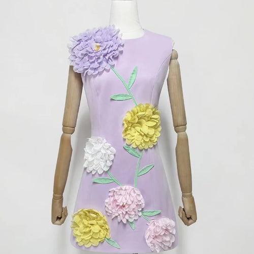 Load image into Gallery viewer, Hit Color Spliced 3D Flower Fashion Mini Dresses for Women Round Neck Sleeveless Elegant Dress Female Clothing New
