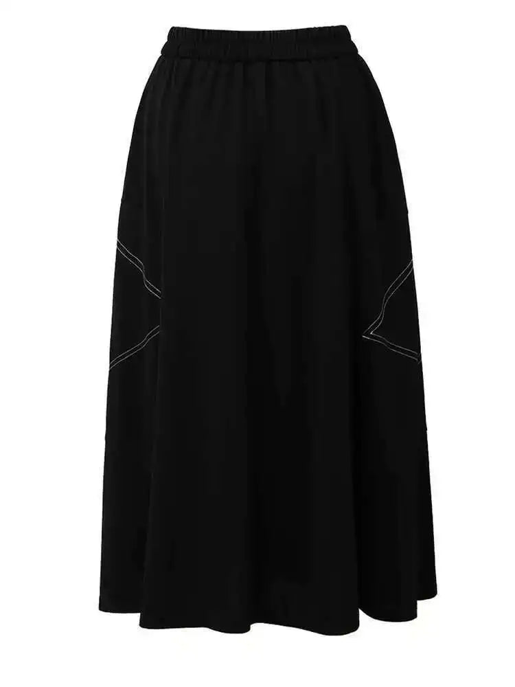 High Elastic Waist Black Topstitched Pocket A-line Half-body Skirt Women Fashion Tide New Spring Autumn 2025 1DH5353