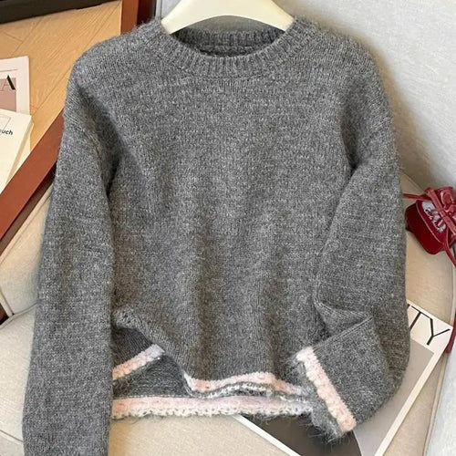Load image into Gallery viewer, French Fashion Autumn Winter Beige Red Patchwork Elegant Short Sweater Women's 2024 New Grey Round Neck Long Sleeved Knitted Top
