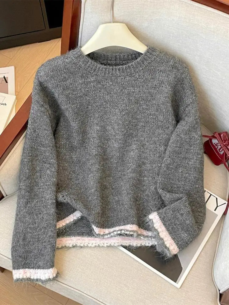 French Fashion Autumn Winter Beige Red Patchwork Elegant Short Sweater Women's 2024 New Grey Round Neck Long Sleeved Knitted Top