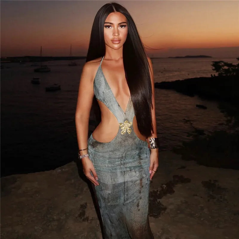 Halter Deep V Neck Print Sexy Maxi Dress For Women Gown Summer New Hollow Out Sleeveless Backless Beach Long Dress