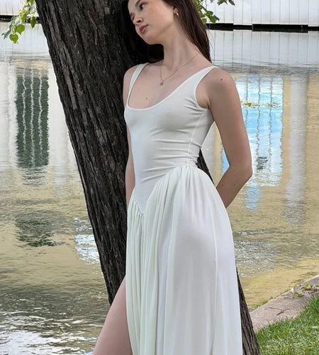 Articat Elegant Sleeveless Elastic Tight Long Dress Women Fluffy Skirt Split Backless Evening Dress Slim Party Vacation Vestidos