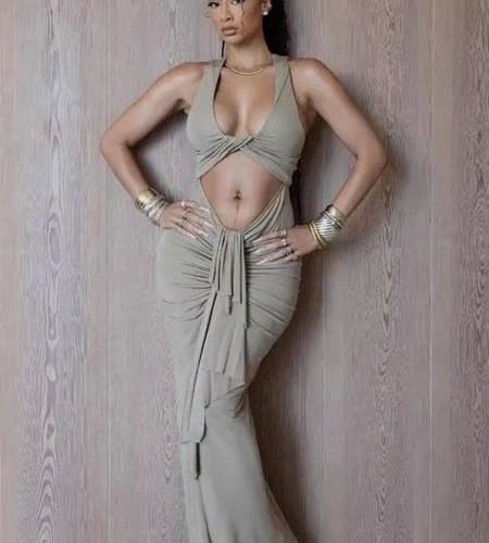 Sexy Hanging Collar Hollow Out Long Dress Women Neck Hanging Pleated Lace Up Fishtail Skirt Slim Party Evening Dress