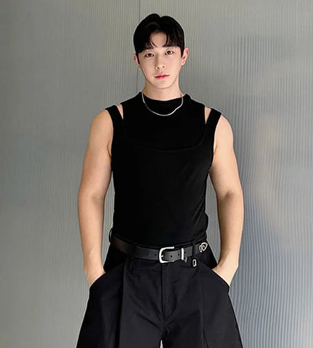 Personalized Male Sleeveless Top Deconstructed Double Layer Spliced Hollow-out Knitted Tank Top Summer Trendy 9C5945