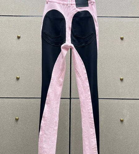 Hit Color Jeans For Women High Waist Patchwork Button Casual Slim Bodycon Wide Leg Pants Female Fashion Clothing