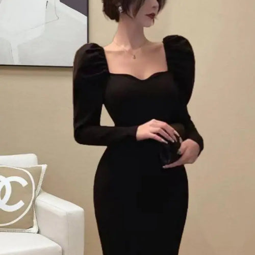 Load image into Gallery viewer, Korean Version Autumn Winter Black Square Neck Elegant Wrap Hip Dress Vintage Women Long Sleeves Knitted Fishtail Dress 2024 New
