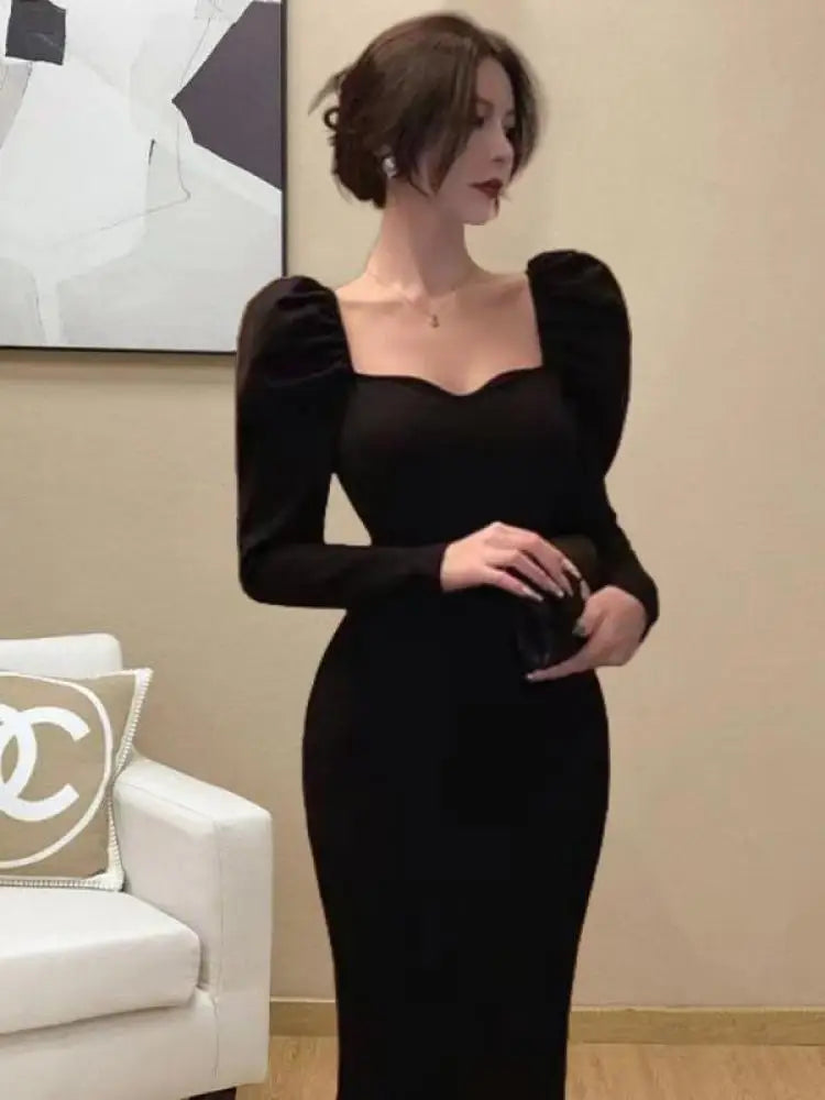 Korean Version Autumn Winter Black Square Neck Elegant Wrap Hip Dress Vintage Women Long Sleeves Knitted Fishtail Dress 2024 New