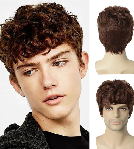Synthetic Wigs for Men Short Brown Wig Curly Hair for Man Guy Natural Wig Curly Korean Hairstyles Brunette Boy Wigs
