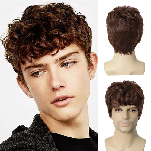 Load image into Gallery viewer, Synthetic Wigs for Men Short Brown Wig Curly Hair for Man Guy Natural Wig Curly Korean Hairstyles Brunette Boy Wigs
