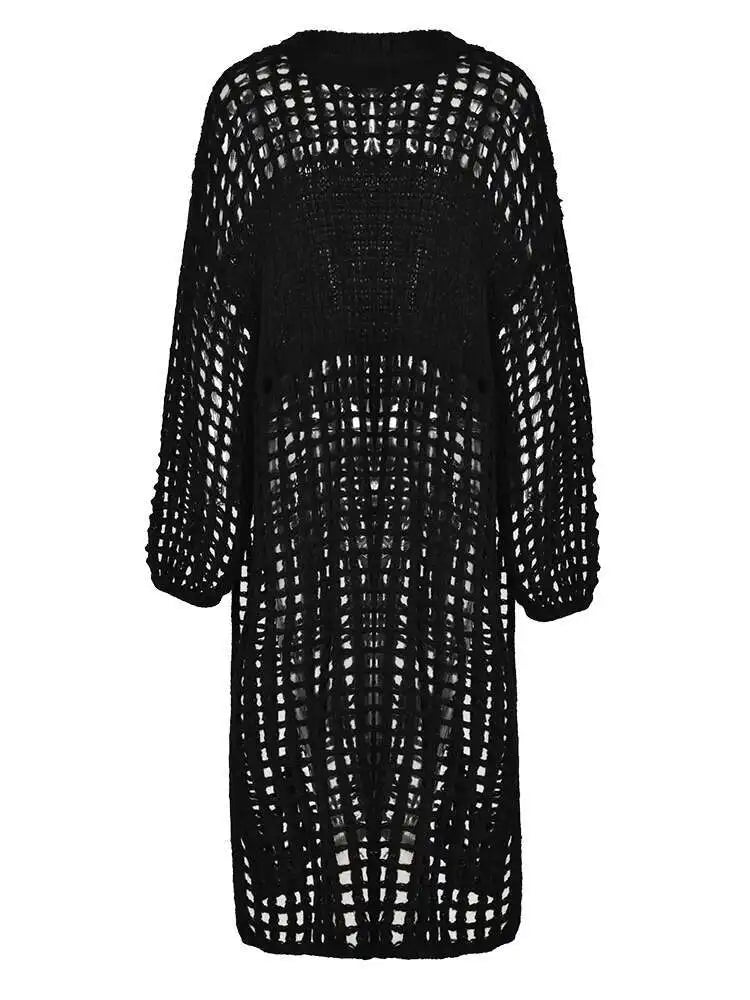 Women Black Knittng Hollow Out Big Size Long Dress New Round Neck Long Sleeve Fashion Tide Spring Autumn 2025 5WA10401