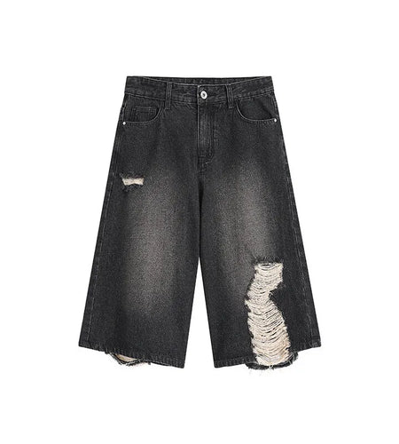 Men's Denim Shorts New American Style High Street Summer Hole Design Gradient Color Personality Trendy Male Bottoms 9W1812