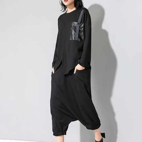 Load image into Gallery viewer, Women Black Pocket Ribbon Irregular Big Size T-shirt New Round Neck Long Sleeve Fashion Tide Spring Autumn 2025 1DJ1771
