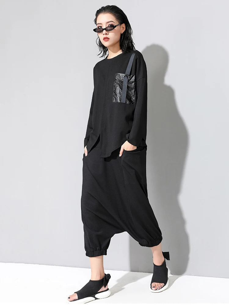 Women Black Pocket Ribbon Irregular Big Size T-shirt New Round Neck Long Sleeve Fashion Tide Spring Autumn 2025 1DJ1771
