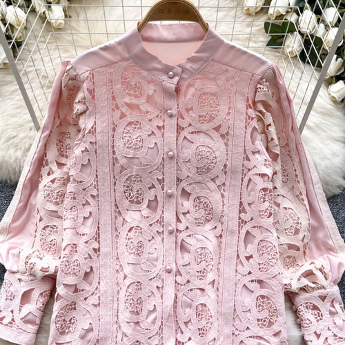 Load image into Gallery viewer, French Women Solid Lace Single Breasted Shirt 2024 Spring Autumn Vintage Ladies Long Sleeve Festival Blouses Fashion Tops Simple
