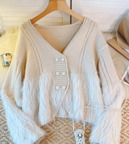 Korean Vintage White Double Breasted Festival Knit Cardigan Sweater Women Clothes Beige V Neck Long Sleeve Asymmetric Tops Trend
