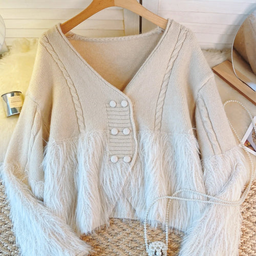 Load image into Gallery viewer, Korean Vintage White Double Breasted Festival Knit Cardigan Sweater Women Clothes Beige V Neck Long Sleeve Asymmetric Tops Trend
