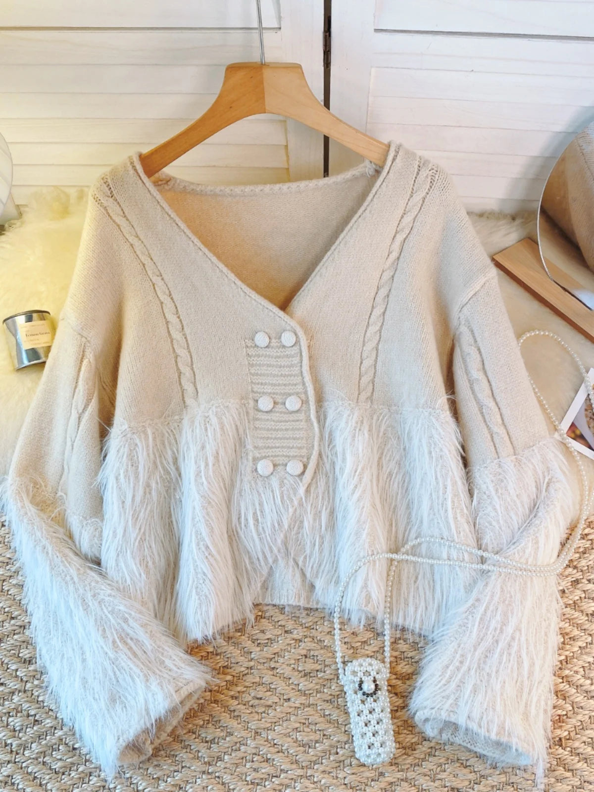 Korean Vintage White Double Breasted Festival Knit Cardigan Sweater Women Clothes Beige V Neck Long Sleeve Asymmetric Tops Trend