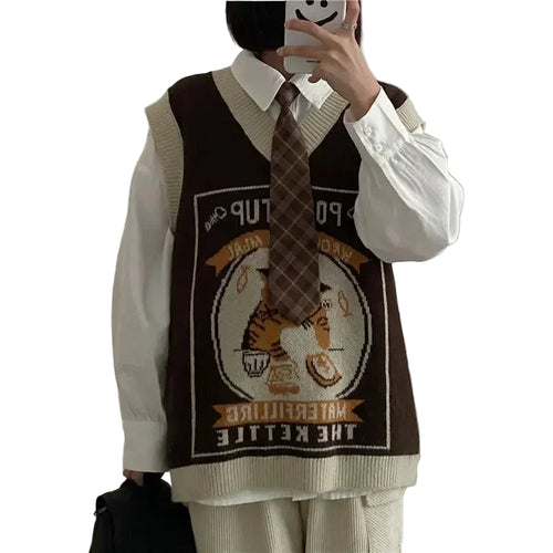 Load image into Gallery viewer, Sweater Vest Women Kawaii Cat Waistcoat Streetwear Knitting Chic Fashion College All-match Harajuku Y2k Vests Chandails
