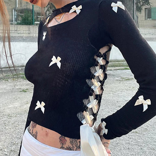 Load image into Gallery viewer, Sweet Korean Bow Cute Female T-shirts Skinny Lace Up Autumn Tee Shirts Coquette Clothes Cut Out Long Sleeve Top Basic
