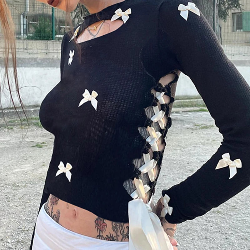 Sweet Korean Bow Cute Female T-shirts Skinny Lace Up Autumn Tee Shirts Coquette Clothes Cut Out Long Sleeve Top Basic