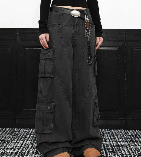 High Waist Gray Pockets Denim Long Vintage Wide Leg Jeans New Women Trousers Fashion Tide Spring Autumn 2025 1DH9390