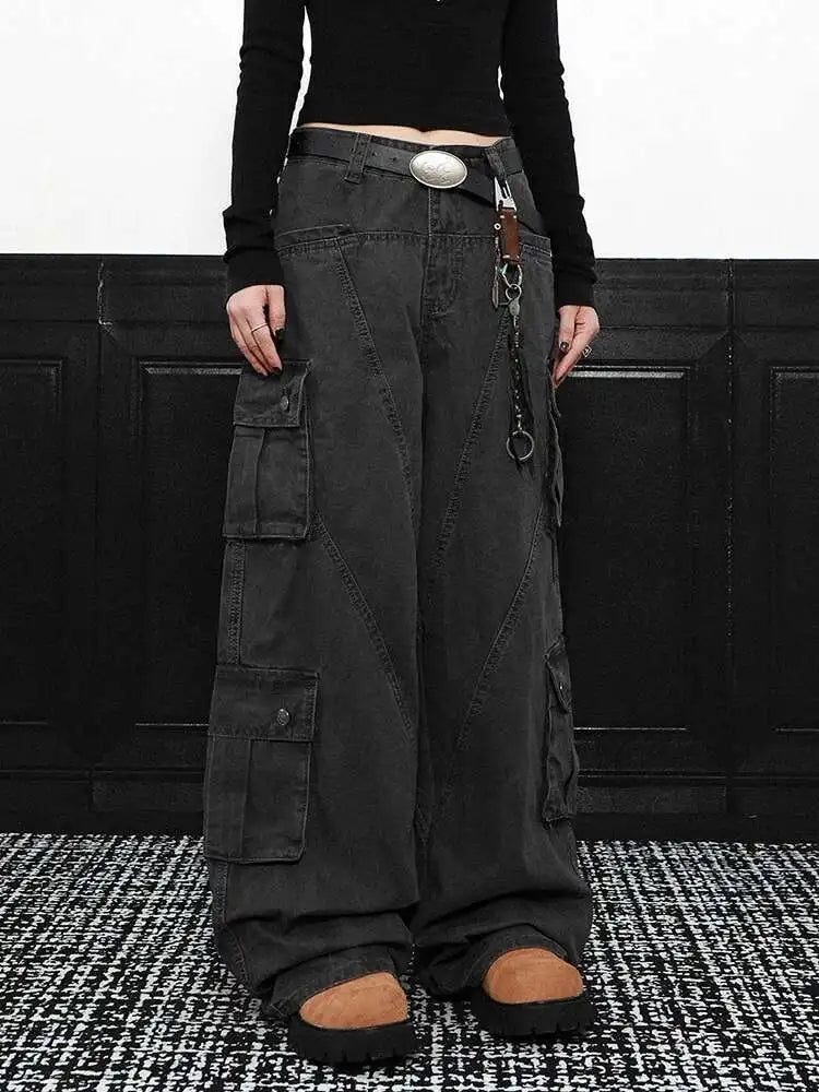 High Waist Gray Pockets Denim Long Vintage Wide Leg Jeans New Women Trousers Fashion Tide Spring Autumn 2025 1DH9390