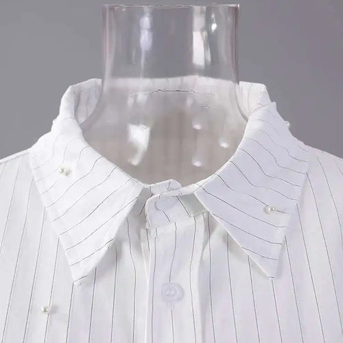 Load image into Gallery viewer, Women White Striped Pearl Big Size Elegant Blouse New Lapel Long Sleeve Shirt Fashion Tide Spring Autumn 2025 CPG2906
