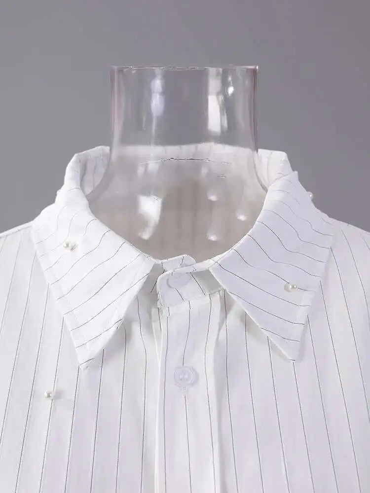 Women White Striped Pearl Big Size Elegant Blouse New Lapel Long Sleeve Shirt Fashion Tide Spring Autumn 2025 CPG2906