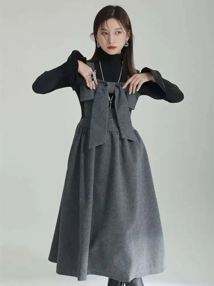 Women Gray Bow Bandage Spliced Long Elegant Woolen Dress New Sleeveless Loose Fit Fashion Tide Autumn Winter 2025 1DF3527