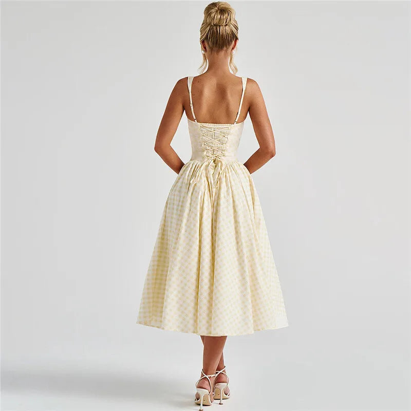 Plaid Printed Maxi Dress For Women Gown Summer New Spaghetti Strap High Waist A-line Backless Club Long Dress Vestido