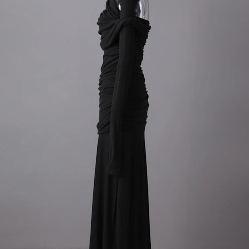 Load image into Gallery viewer, Women Black Pleated Elegant Slim Long Dress New Asymmetrical Collar Long Sleeve Fashion Tide Spring Autumn 2025 CPG2993
